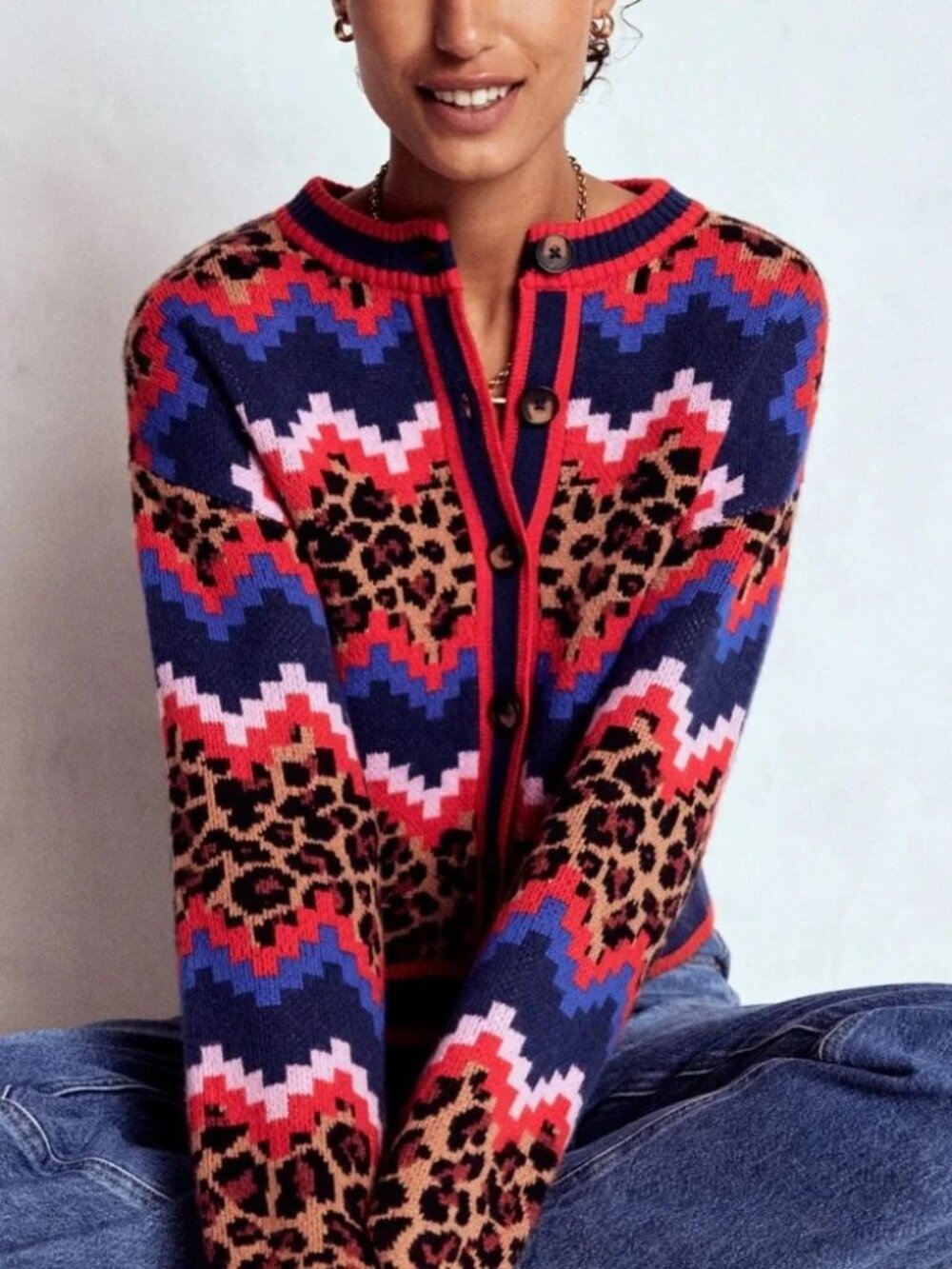 NWT BODEN womens CARDIGAN blue ANIMAL PRINT leopard SWEATER bold WOOL SIZE M